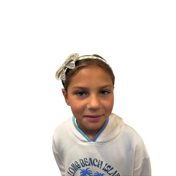 Beaded bow headband iridescent white crystal ribbon - Picture 4 of 7